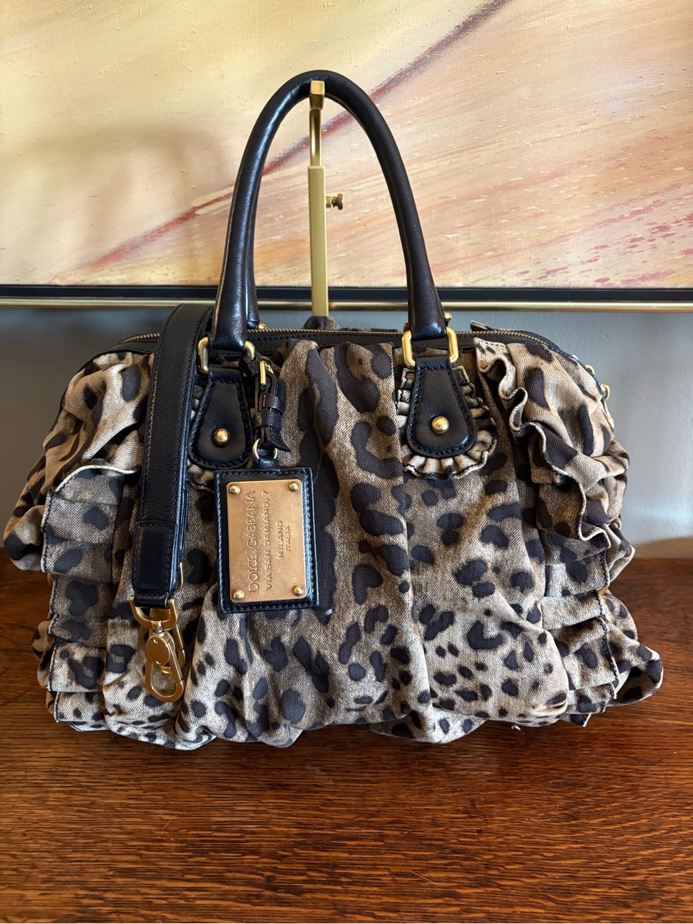 Dolce & Gabbana Miss Rouche Vintage Leopard Ruffle Satchel Bag Vguc COA
